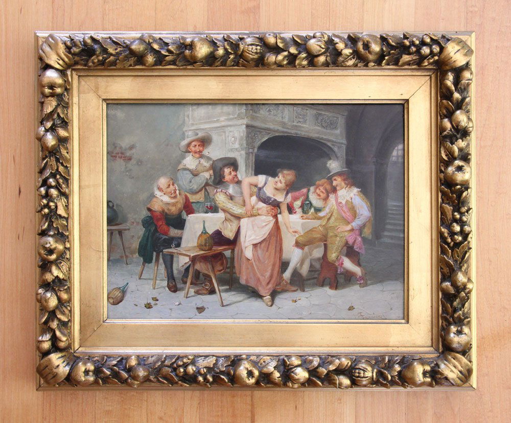 Farniere, Tavern Scene, Oil on Panel: G. Farniere, Italian, 19th century, tavern scene, oil on wood panel, in carved gilt wood frame; 9 3/4" h x 13" w (view), 15" h x 18" w (frame)