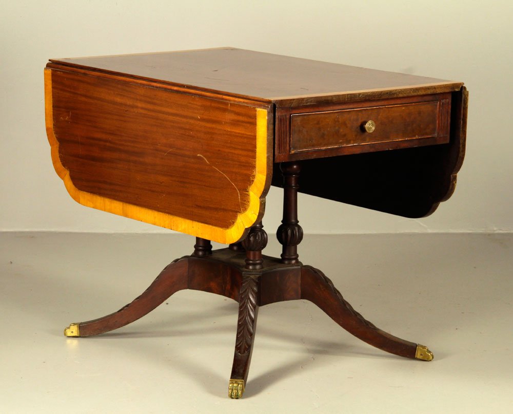 Duncan Phyfe Style Mahogany Drop Leaf Table: Duncan Phyfe-style drop leaf table, 20th century, mahogany with satinwood inlay, single drawer, 29 1/2" h x 52" l x 39" w.