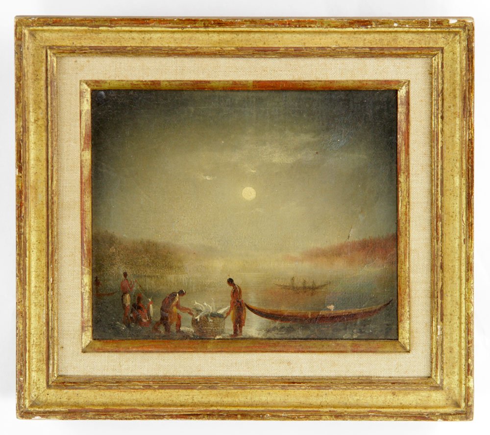 Attr. Bierstadt, Native Americans, Oil on Paper: Attribute to Albert Bierstadt, Native Americans spearing salmon, oil on paper mounted canvas, unsigned; 6 1/4" h x 7 1/2" w (view), 9 1/4" h x 10 3/8" w (frame).