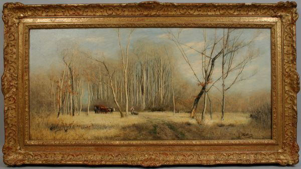 SIGNED W. HERTLING, LANDSCAPE WITH OXEN, O/C: Wilhelm Jakob Hertling (German, 1849-1926), Autumn Landscape with Oxen and Figures, oil on canvas, 18 1/2" x 38 1/2", signed LR. Lined, otherwise good condition. In a frame measuring 25 1/2" x 45 1/4"