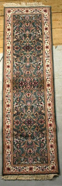 KESHAN GREY/GREEN RUG, 2' 7" X 8' 1": Keshan grey/green rug, 2' 7" x 8' 1".
