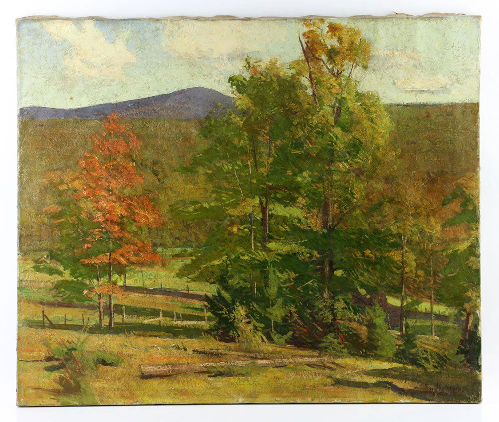 Sharman, Fall Landscape, Oil on Canvas: John Sharman (American, 1879-1971), fall landscape, oil on canvas, signed, 30" h x 36" w. Provenance: From a Massachusetts estate.