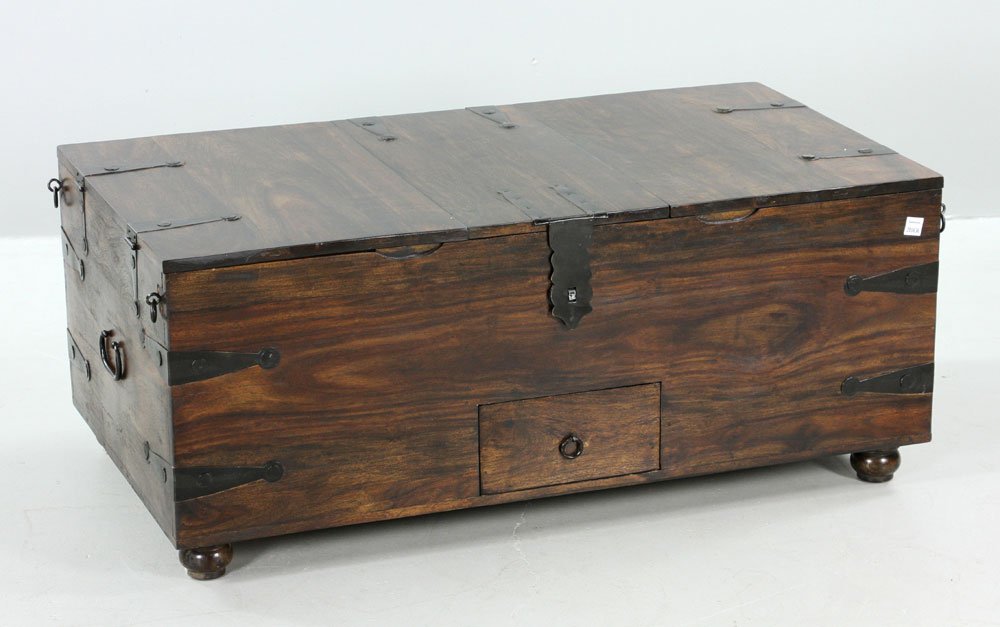 Modern Hard Wood and Metal Bound Chest: Modern chest, hard wood and metal bound, 18" h x 44" w x 24" d. Provenance: From an Argentina estate.