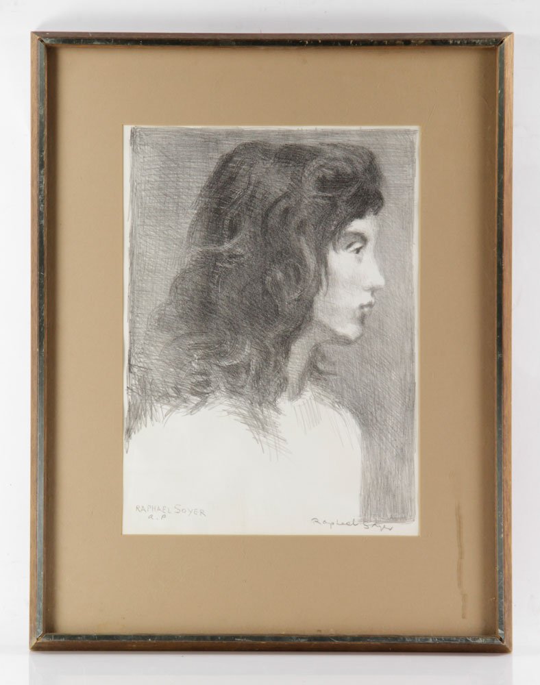 Soyer, Portrait of a Woman, Print: Raphael Soyer, portrait of a woman, artist proof print, signed in pencil, 12 1/2" h x 18" w (view), 21" h x 27" w (frame). Provenance: From a New York estate.