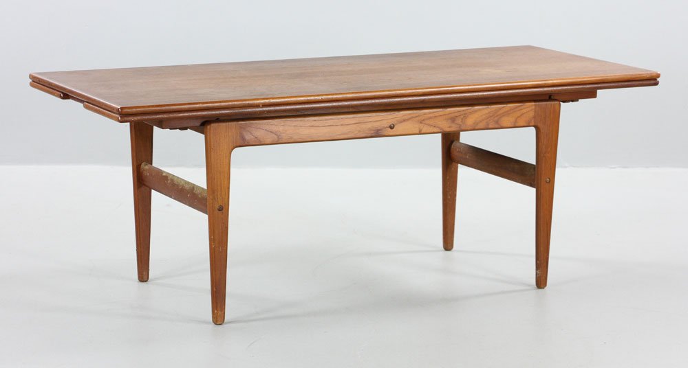 Danish Teak Wood Dining Table: Danish folding dining table, teak wood, initialed "V. M.," 20 1/2" h x 55" w x 23 1/2" d.