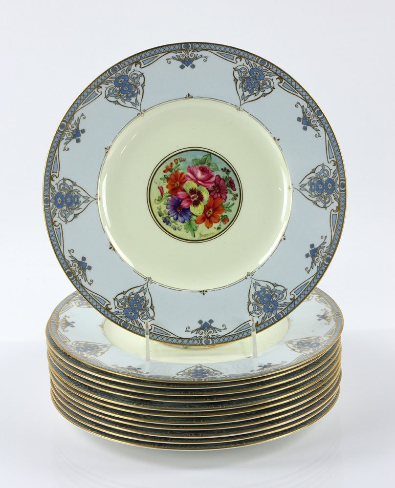 12 Royal Worcester Dinner Plates: Set of twelve Royal Worcester dinner plates, with hand painted floral design, 10 1/2" dia.