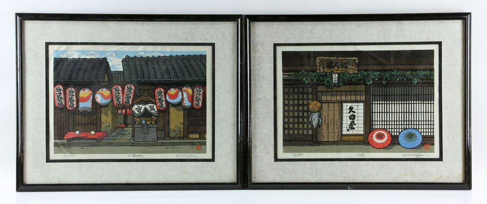 Two Japanese Woodblock Prints: Lot of two Japanese woodblock prints, depicting street side buildings, pencil signed "Karhu Koshihata" and dated, 16" h x 11" w (view), 22" h x 17" w (frame). Provenance: From a New York estate.
