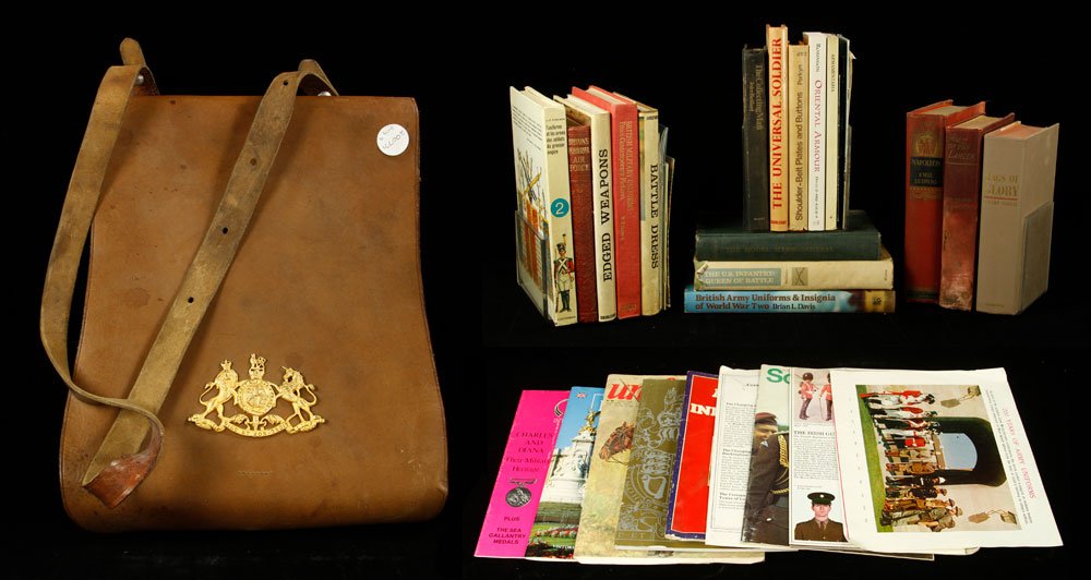 Lot of Military Books, Ephemera, and Map Case: Lot of sixteen military books, with magazines, map, and map case bearing Belgian coat of arms. Provenance: From the estate of film, television and stage performer Raymond Kyle-Koscuik. Originally from