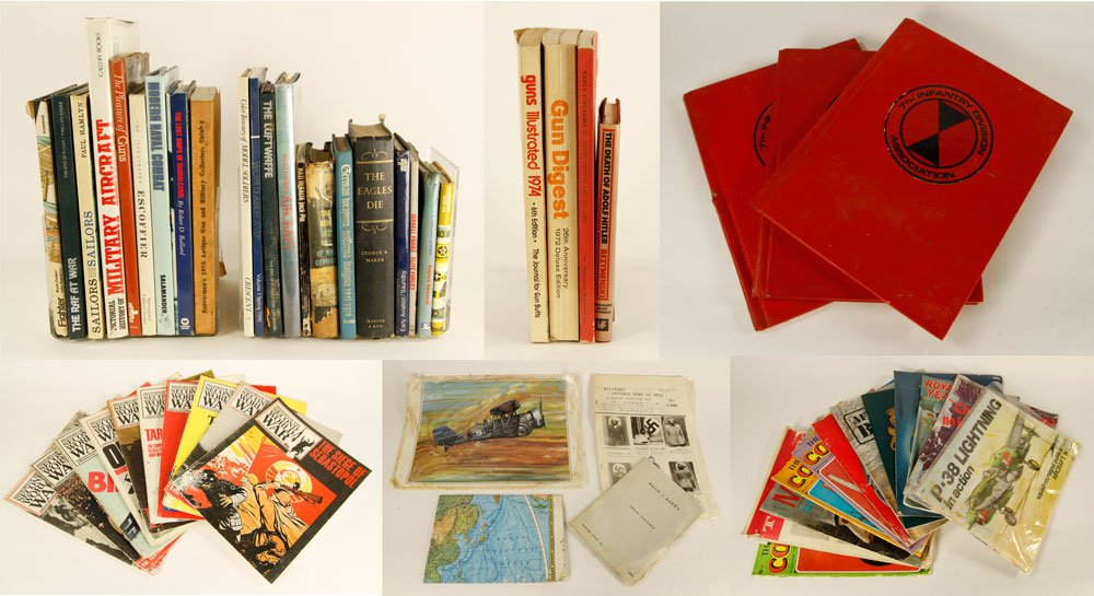 Lot of Military Books and Ephemera: Lot of twenty-nine military reference books, with magazines and ephemera. Provenance: From the estate of film, television and stage performer Raymond Kyle-Koscuik. Originally from New York, Kyle settl