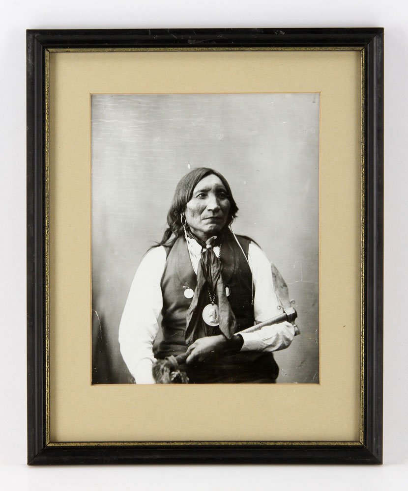 Silver Gelatin Print of Lone Wolf: Portrait of Lone Wolf, last principal chief of the Kiowa, silver gelatin print, after 1872 photograph by Alexander Gardner, inscribed on back in pencil, 7" h x 5 1/2" w (image), 10 3/4" h x 8 3/4" w (