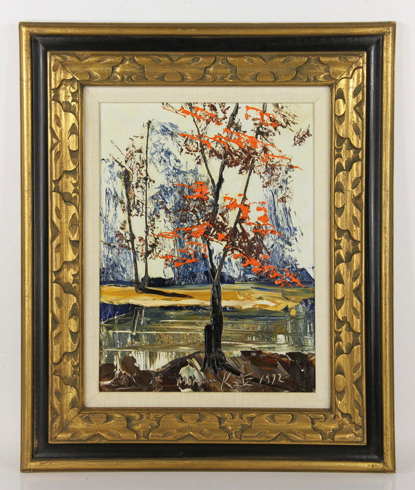 Katz, Landscape, Oil on Masonite: Morris Katz (Polish-American, 1932-2010), landscape, oil on Masonite, signed lower right, dated 1972; 16" h x 12" w (view), 24" h x 20" w (frame). Provenance: From a Florida estate.