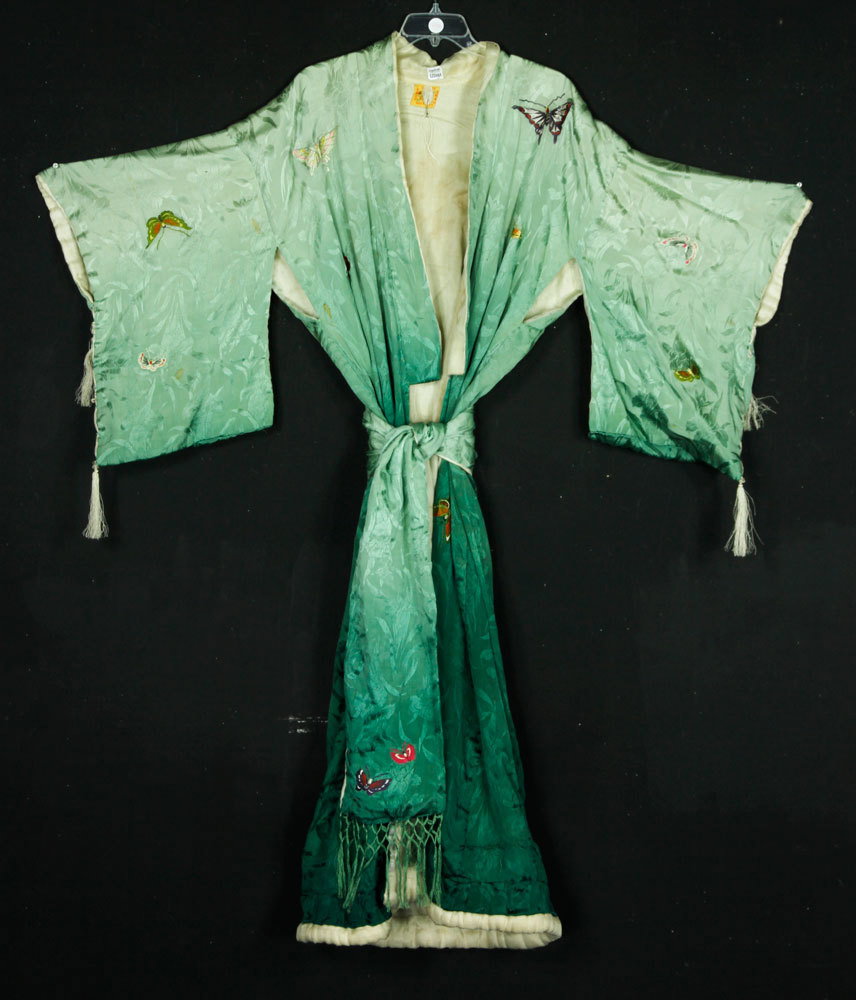 Japanese Embroidered Robe: Japanese embroidered robe, with matching scarf. Provenance: From the estate of Julia Jergens Joslin of Cincinnati, Ohio.