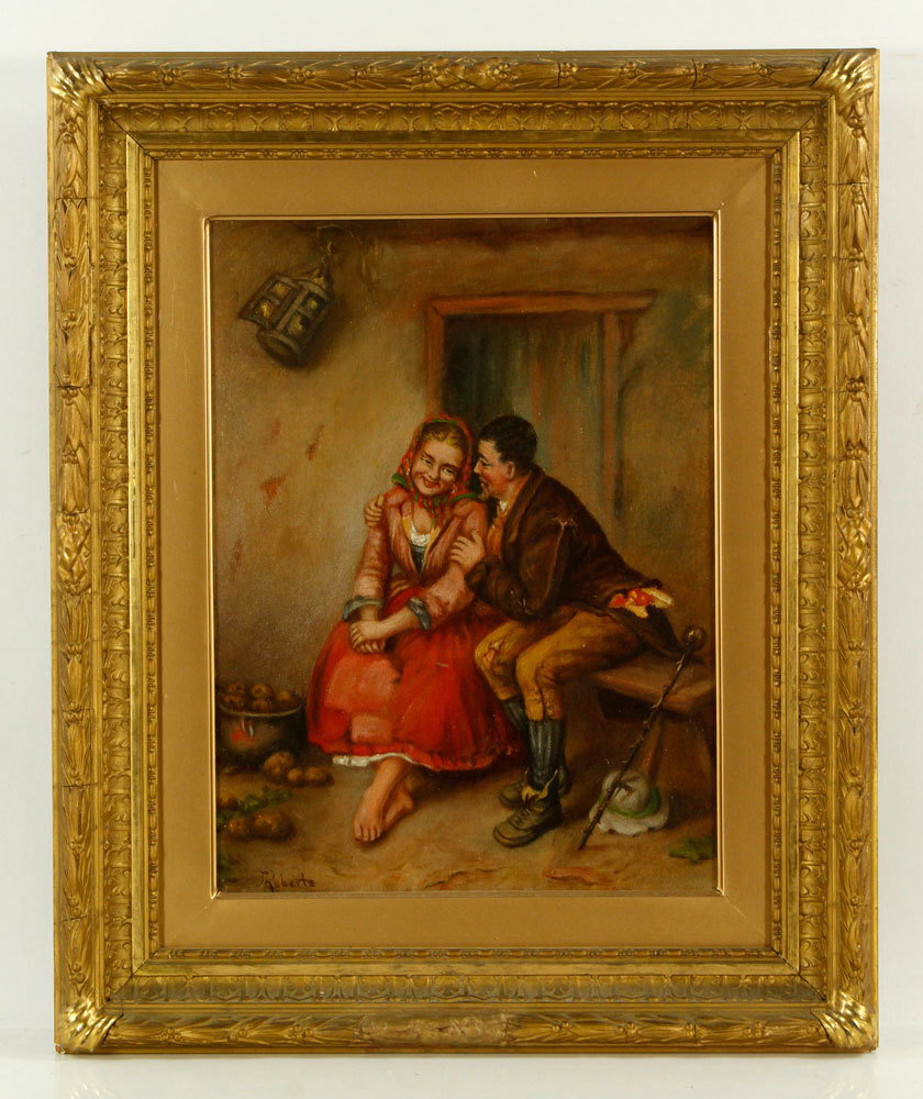 Roberts, Courting Scene, Oil on Canvas: J. Roberts, courting scene, oil on canvas, circa 19th century, 16" h x 12" w. Provenance: from a Florida estate.