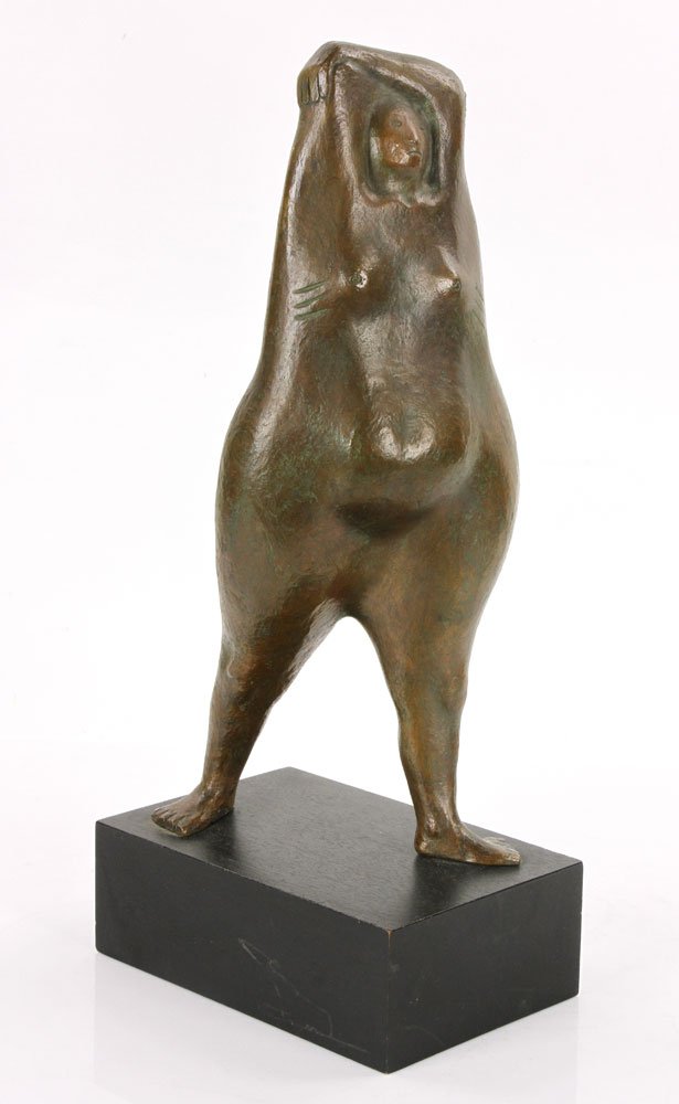 Amaya, "Mujer Parada," Bronze: Armando Amaya (Mexican, 1935-), "Mujer Parada," bronze, on wood base, signed and dated "Amaya 64" on right leg, having label for Galeria Bryna underneath, 14" high (bronze only), 16 1/2" high (overall