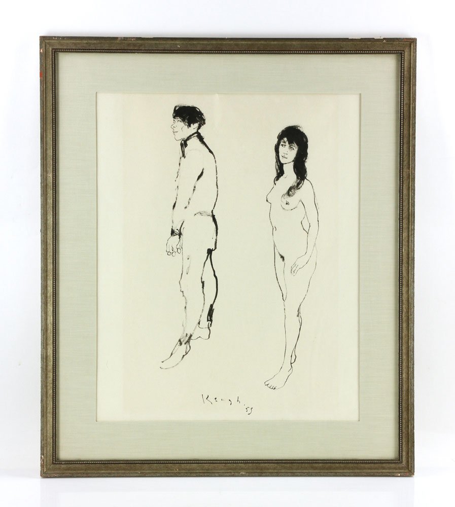 Keogh, Nude Couple, Ink on Paper: Tom Keogh (American, 1922-1980), nude woman and man, ink on paper, signed and dated bottom center, having David Stuart Gallery label verso, 20" high x 16" wide (view), 22" high x 26" wide (frame). Pro