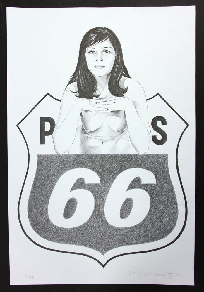 Ramos, "Miss Sixty Sixer," Lithograph: Mel Ramos (American, 1935-), "Miss Sixty Sixer," offset lithograph, signed and dated "Mel Ramos 68" in pencil lower right, numbered in pencil 20/50 lower left. Provenance: from a Los Angeles, Californ