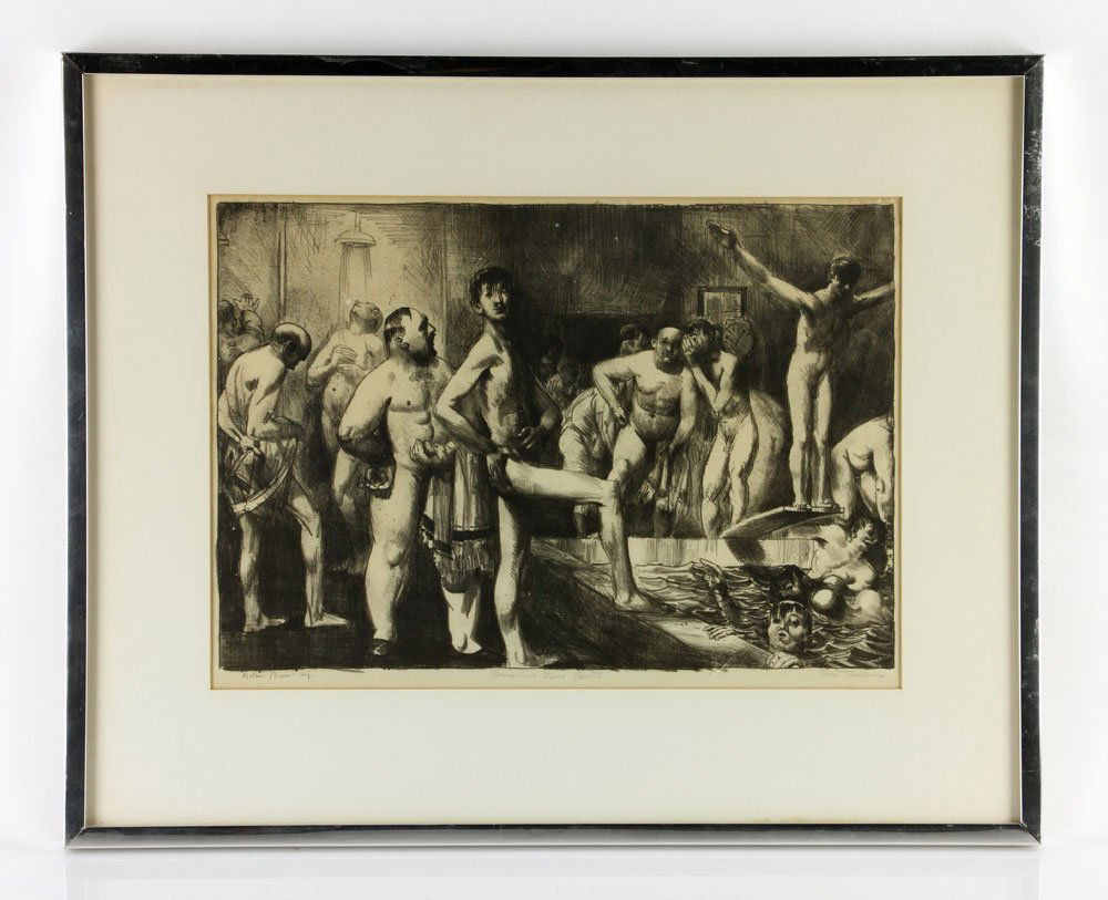 Bellows, "Business Men's Bath," Lithograph: George Bellows (American, 1882-1925), "Business Men's Bath," lithograph, circa 1923, signed by the artist in pencil lower right, titled in pencil at center, signed by the printer Bolton Brown in penci