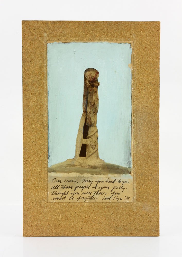 Foulkes, "Dear David," Mixed Media on Paper: Llyn Foulkes, "Dear David," mixed media on paper mounted on board, signed and dated lower right, in tribute to David Stuart of David Stuart Galleries, inscribed "Dear David, sorry you had to go. All t