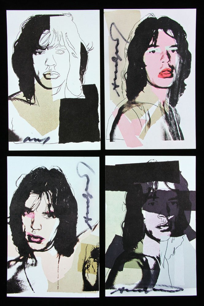 Four Autographed Warhol "Mick Jagger" Announcement: Four announcement cards autographed by Andy Warhol featuring Mick Jagger, originally from a series of 10 images published in 1975 by Castelli Graphics, 6 1/8" high x 4" wide (each, unframed). Provenan