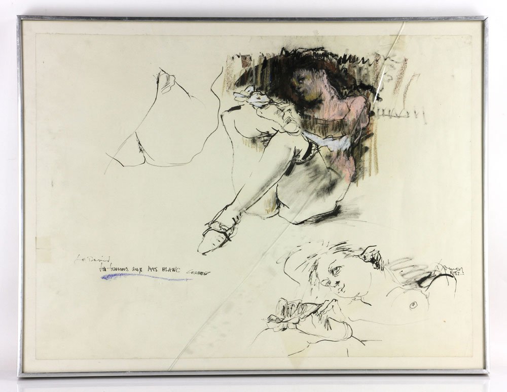 Annon after Courbet, "La Femme aus Bas Blanc," Mixed: Pauline Annon after Courbet, "La Femme aus Bas Blanc," mixed media, having David Stuart Gallery label verso, 22" high x 30" wide. Provenance: from a Los Angeles, California estate