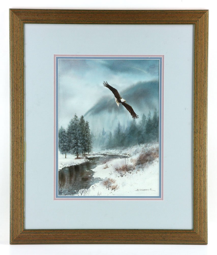 Flying Bald Eagle, Watercolor: Flying Bald Eagle, watercolor, signed indistinctly, 11" high x 15" wide. Provenance: from the personal collection of Larry and Joy Redman of Lompoc, California.