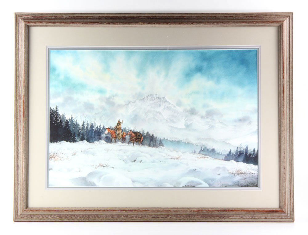 Rider on Horseback, Watercolor: Native American rider on horseback in a mountain scene, watercolor, signed indistinctly by the artist, 30" high x 20" wide. Provenance: from the personal collection of Larry and Joy Redman of Lompoc,