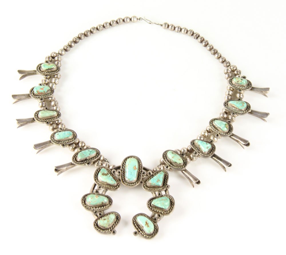 Vintage Navajo Squash Blossom Necklace: Vintage Navajo squash blossom necklace, sterling silver. Provenance: from the personal collection of Larry and Joy Redman of Lompoc, California.