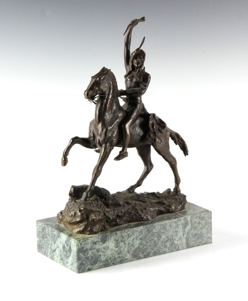 Remington, "The Scalp," Bronze: Frederic Remington (American, 1861-1909), "The Scalp," bronze, on marble base, 14" high. Provenance: from the personal collection of Larry and Joy Redman of Lompoc, California.
