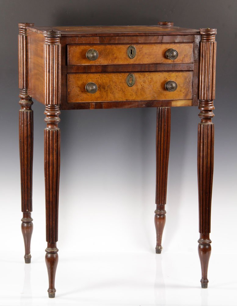 Early New England Sewing Stand: Early New England sewing stand, birds eye mable and walnut, likely made on the North Shore of Boston, 30" high x 17 3/4" wide x 19" deep. Provenance: from a Beverly, Massachusetts estate.