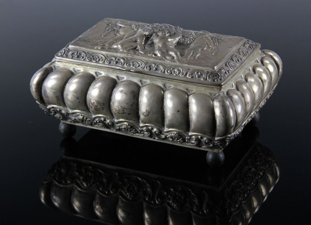 Silver Continental Box: Continental box, .800 silver, hallmarked, 4 1/4" high, approximately 18.6 troy ounces total weight. Provenance: from the personal collection of Larry and Joy Redman of Lompoc, California.