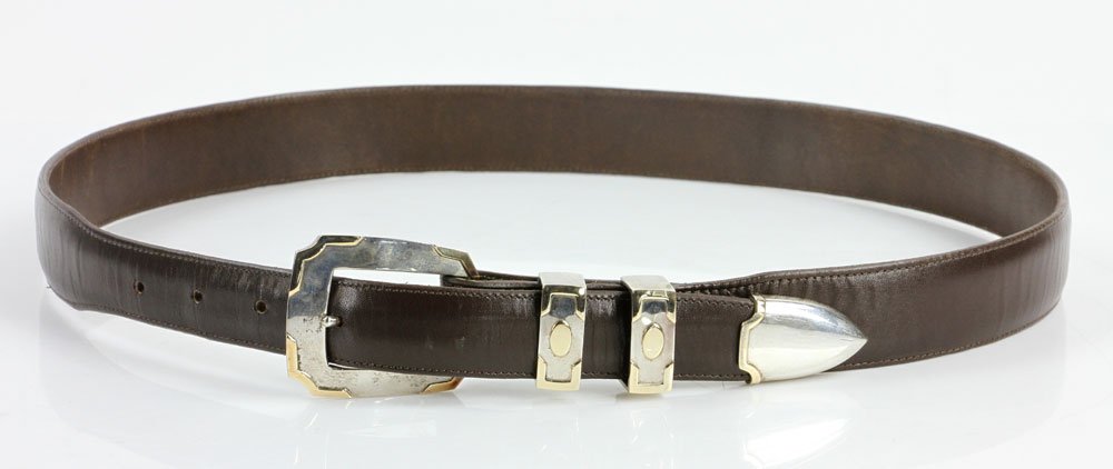 Sterling and 14K Gold Men's Belt: Gentlemen's belt, sterling silver and 14k gold, marked "Magnus Santa Fe," size 32. Provenance: from the personal collection of Larry and Joy Redman of Lompoc, California.