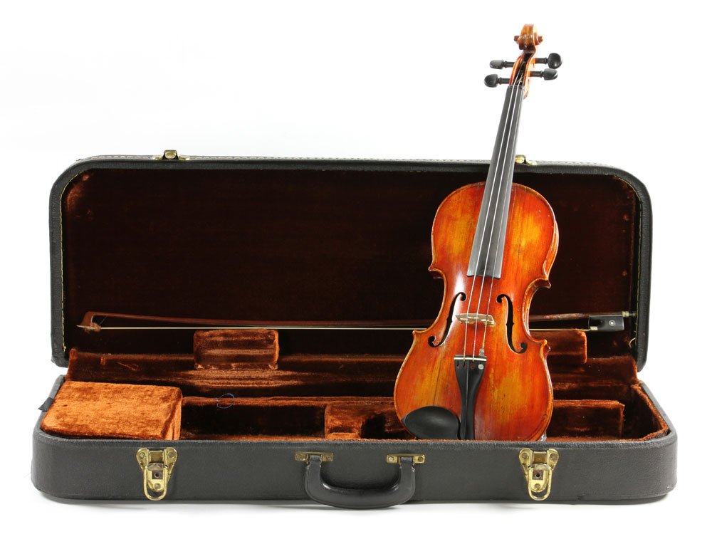 Schweitzer Violin: Jon Bapt. Schweitzer violin, having one piece back, grafted scroll, label interior with date of 1813, coming in hard shell case, with restoration, 14 1/2" high. Provenance: from a Framingham, Massachu