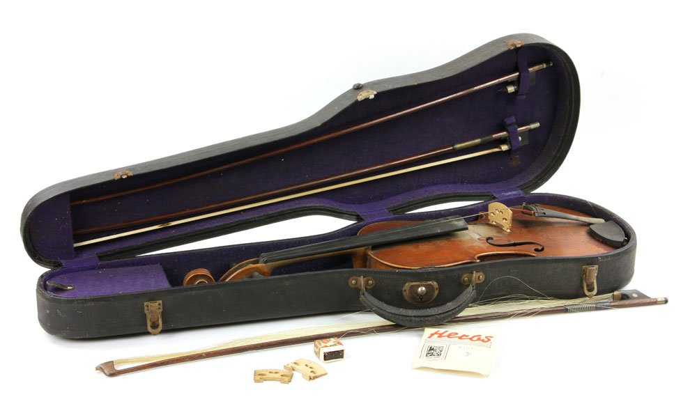 Early Violin with Three Bows: Early signed concert violin, having two piece curly maple back, coming with three bows, 14 1/8" high. Provenance: from a Framingham, Massachusetts estate.