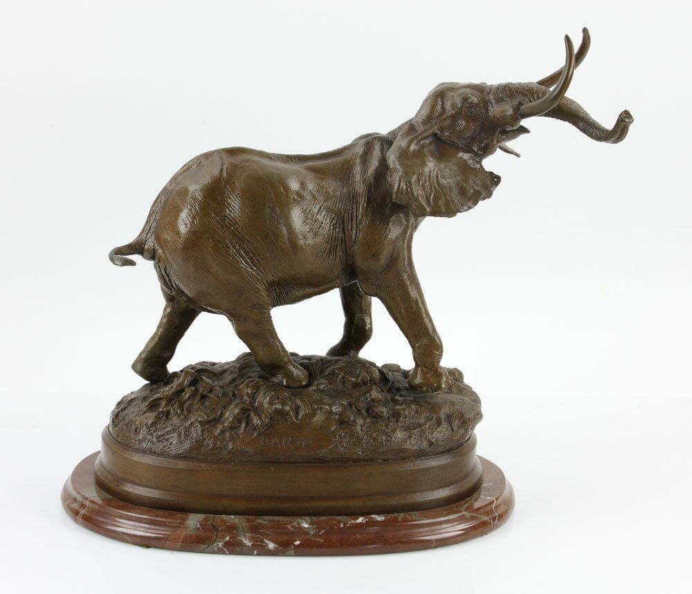 Barye, Elephant, Bronze: Sculpture of an elephant, bronze, signed "Barye," on marble base, 15" high x 12" wide x 7" deep. Provenance: from the personal collection of Larry and Joy Redman of Lompoc, California.