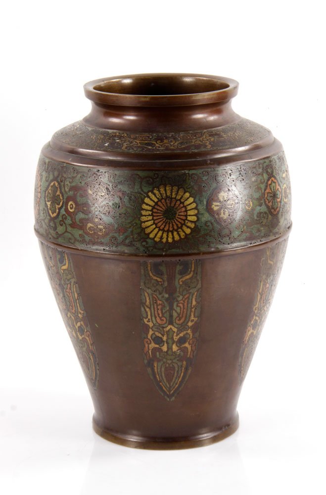 Bronze Champleve Vase: Champleve vase, enamel on bronze, signed, 13 1/2" high. Provenance: from a Framingham, Massachusetts estate.