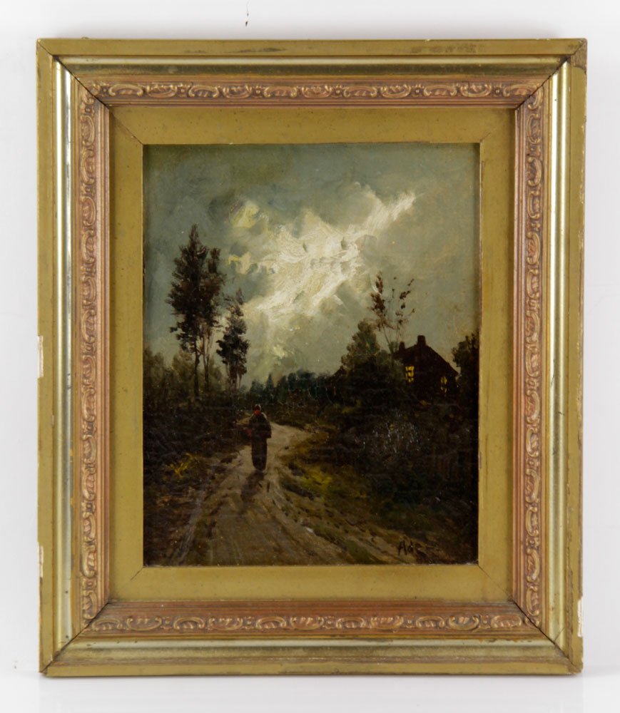 Continental School, Traveler, Oil on Canvas: Continental School, traveler in road, oil on canvas, initialed lower right, inscribed "ADE Mathilde 1895," 11 3/4" high x 9 1/2" wide (view), 14 1/4" high x 12 1/4" wide (frame). Provenance: from a Gl