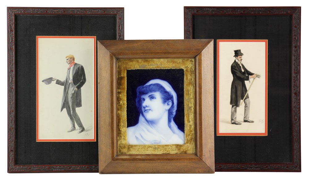 Lot of English Decorative Objects: Group of English decorative objects, including two portraits of gentlemen, watercolor, signed "K. Woleut," and one plaque, porcelain, 8 3/4" high x 4 1/2" wide (largest). Provenance: from the personal