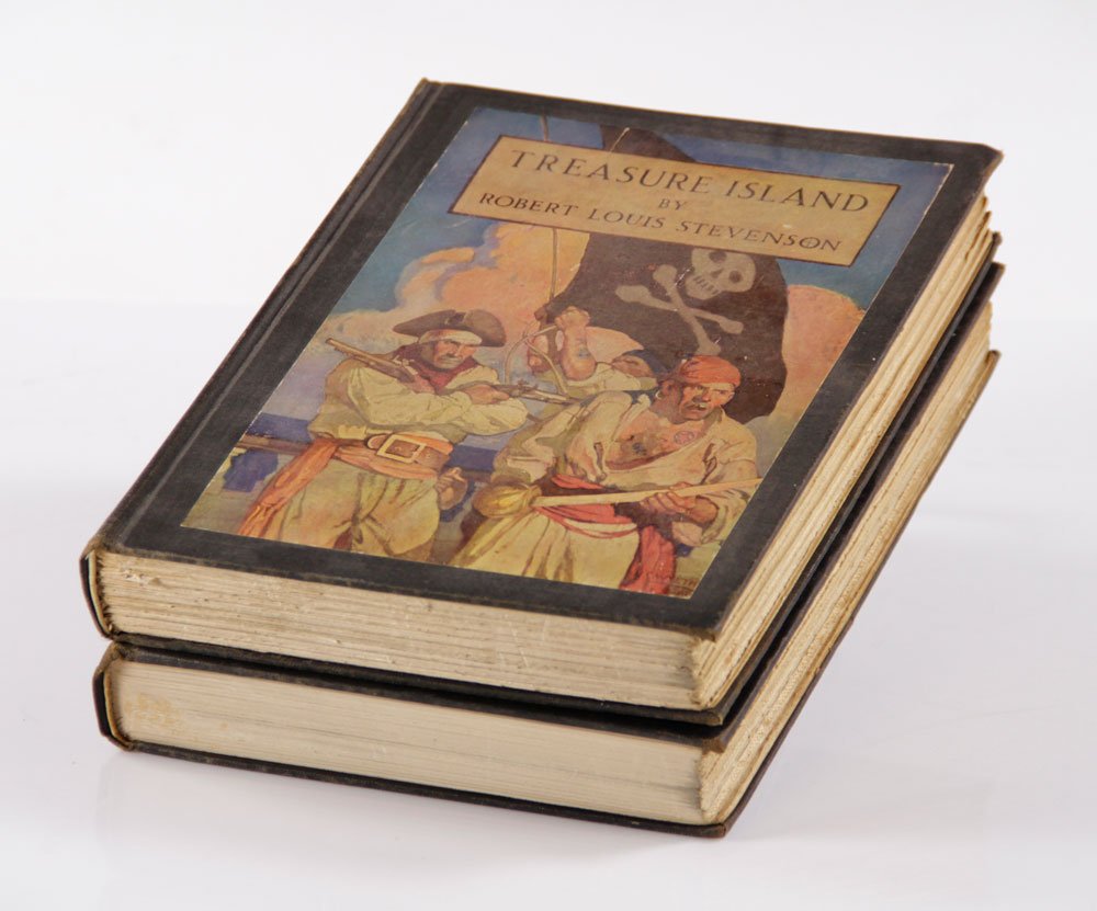 Two R. L. Stevenson Illustrated Books: Two books written by Robert Louis Stevenson and illustrated by N. C. Wyeth, to include "Treasure Island" and "Kidnapped: The Adventures of David Balfour," 9 1/4" high x 7" wide (both). Provenance: fro