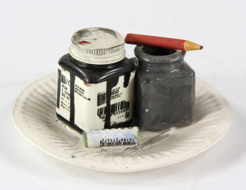 Shaw, Untitled, Porcelain: Richard Shaw (American, 1941-), untitled, glazed porcelain, 2 3/4" high x 5 1/2" wide x 5 1/2" deep. To include two exhibition booklets from the Art Museum of Los Gatos and Braunstein/Quay Gallery. Pr