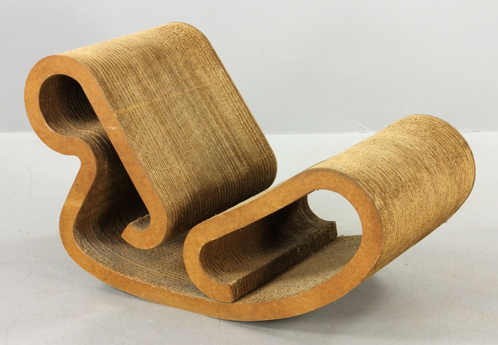 Gehry, Rocking Chair, Cardboard and Masonite: Frank Gehry (Canadian-American, 1929-), rocking chair, cardboard and masonite, circa 1970's, 43" high x 23 1/4" wide x 21 3/4" deep. Provenance: from a Los Angeles, California estate.