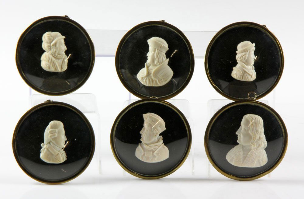 Six German Ivory Profiles: Six German carved profiles, ivory, 4" diameter. Provenance: from the personal collection of Larry and Joy Redman of Lompoc, California.