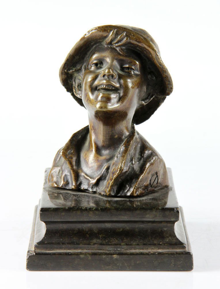 Italian Sculpture of Boy, Bronze: Italian sculpture of a boy with a hat, bronze, signed indistinctly on marble base. Provenance: from the personal collection of Larry and Joy Redman of Lompoc, California.