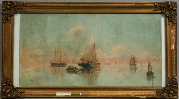 SIGNED CLARENCE BRALEY, MARINE SCENE, W/C: Clarence E. Braley (American, 1854-1927), marine scene, w/c, 11 1/2" x 22", signed LL.