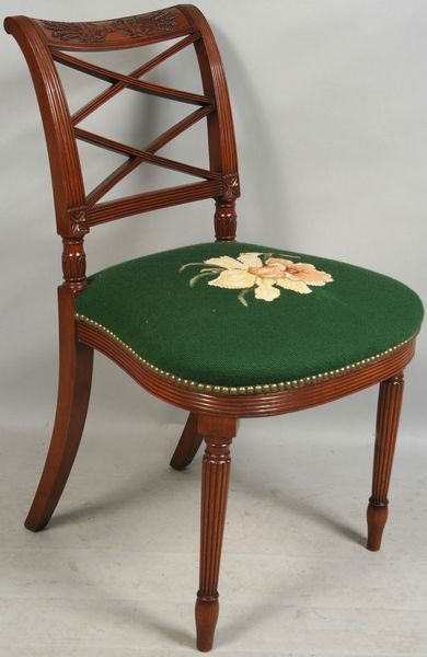 20th C. SACKS DUNCAN PHYFE-STYLE SIDE CHAIR: 20th Century custom Duncan Phyfe-style side chair with needlepoint seat, made by Sacks. 33"h. x 22"w. x 19 1/2"d. Good condition.