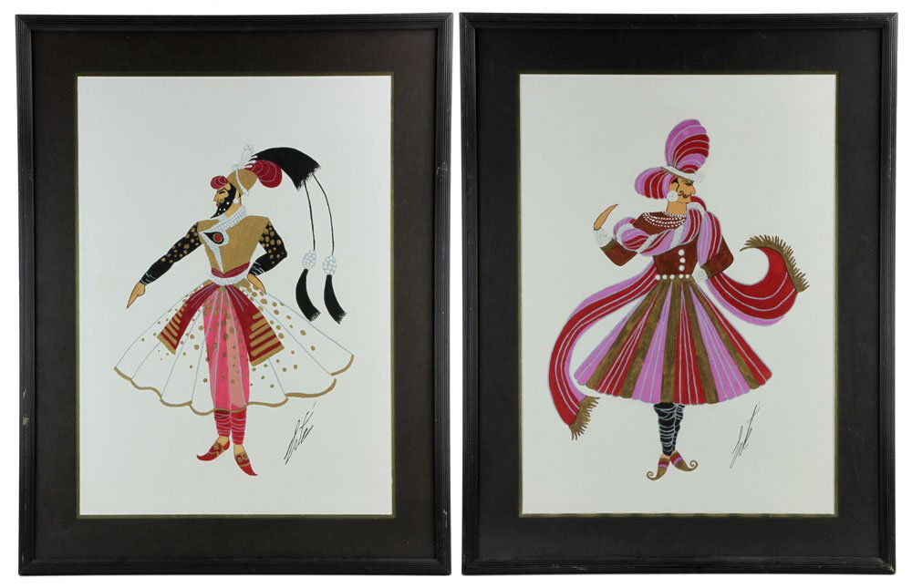 Erte, Costume Design, Pr. Watercolors: Erte (also known as Romain de Tirtoff, Russian-French, 1892-1990), costume design, pair of watercolor paintings, signed; 28" h x 20" w (views), 35" h x 27" w (frames).