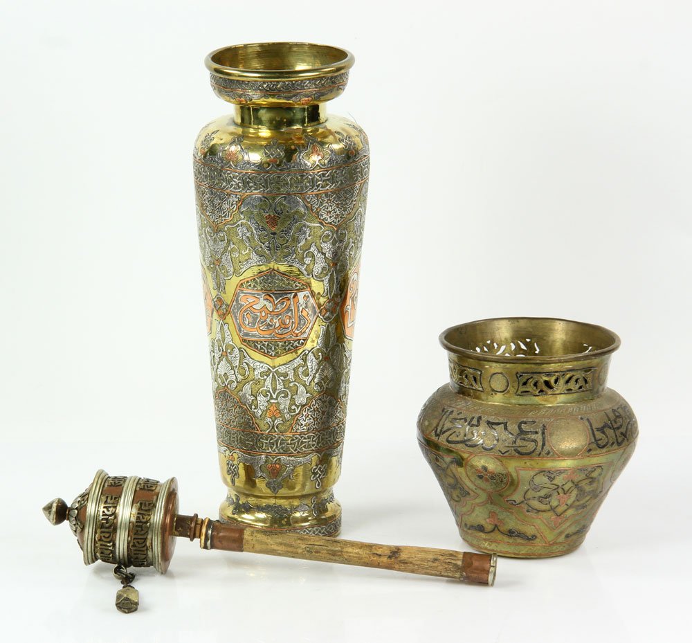 Lot of Inlaid Brass Items: Lot of three brass items, with copper and silver inlay, to include: two vases and a Nepalese prayer wheel; tallest measuring 12 1/2" h.