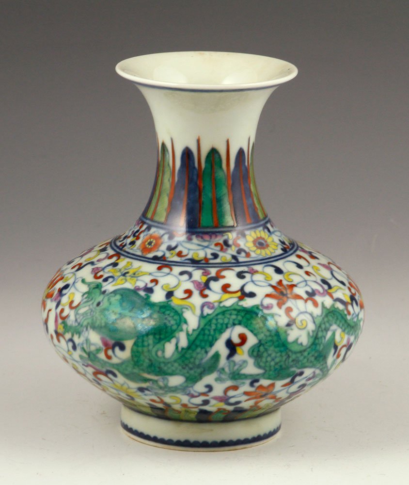 Chinese Famille Verte Vase: Famille-verte dou glazed vase, Chinese, porcelain, decorated with green dragon, Yongzheng mark on base, 6" h.