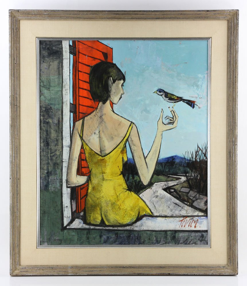 Levier, "Femme et Oiseau," Oil on Canvas: Charles Levier (French, 1920-2003), "Femme et Oiseau," oil on canvas, signed lower right, information verso; 28 1/4" h x 23" w (view), 36" h x 31" w (frame).