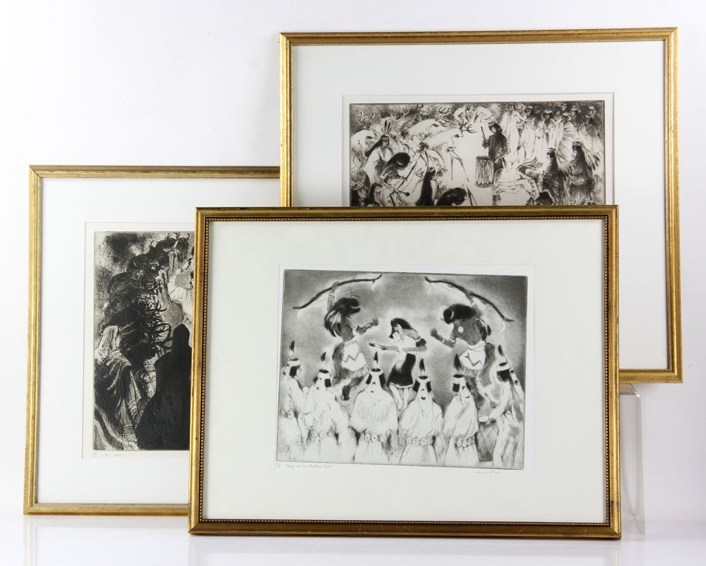 Kloss, Collection of 3 Etchings: Gene Kloss (American, 1903-1996), collection of three etchings, to include: "Deer Dance," signed in pencil lower right, titled and editioned 70/75 lower left, 13" h x 18" w (view), 21" h x 25 1/2" w (