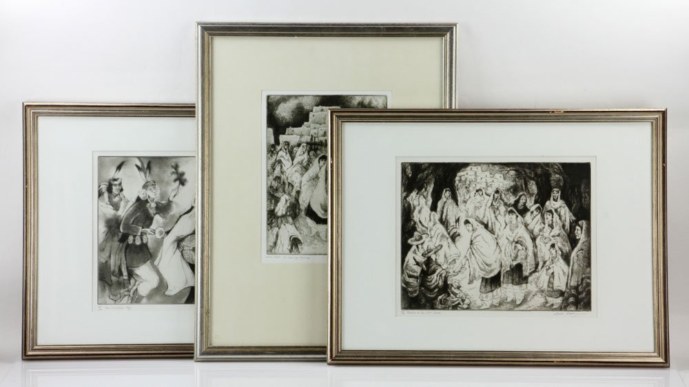 Kloss, Collection of 3 Etchings: Gene Kloss (American, 1903-1996), collection of three etchings, to include: "All Soul's Day Pilgrimage," signed in pencil lower right, titled and inscribed "Artist's Proof" lower left, 9" h x 12" w (v